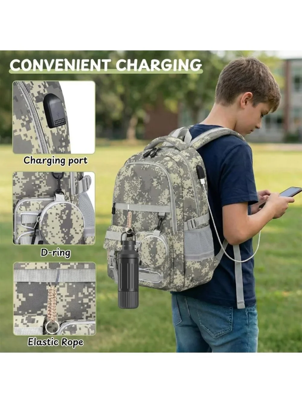 Camo School Backpack Set for Boys - 5-Piece with Lunch Box, Large Capacity
